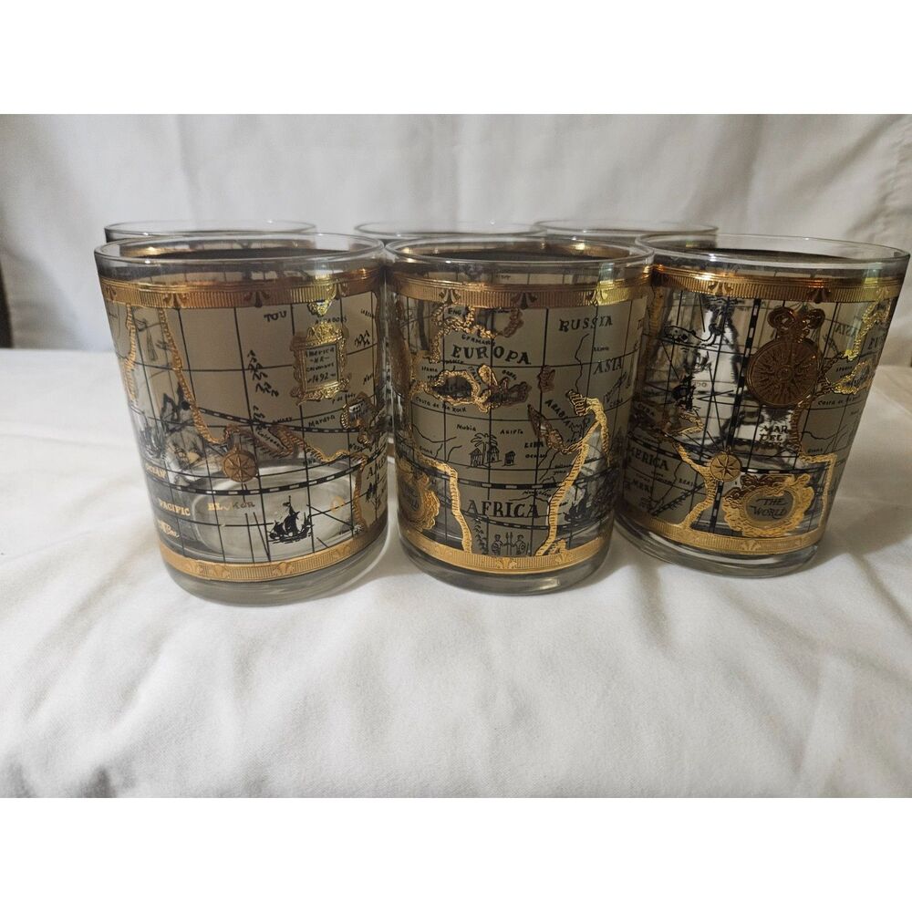 6 Vintage MCM Libbey Treasure Island Gold Rim Rocks Glasses Unused